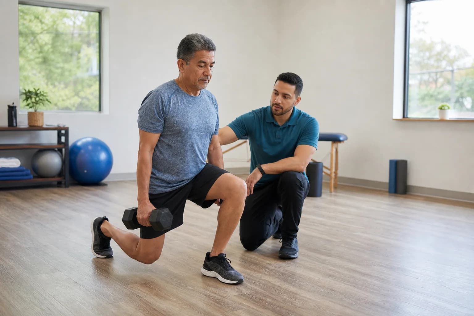 An older man does a split squat holding a dumbbell while a trainer kneels beside him in a bright exercise room.