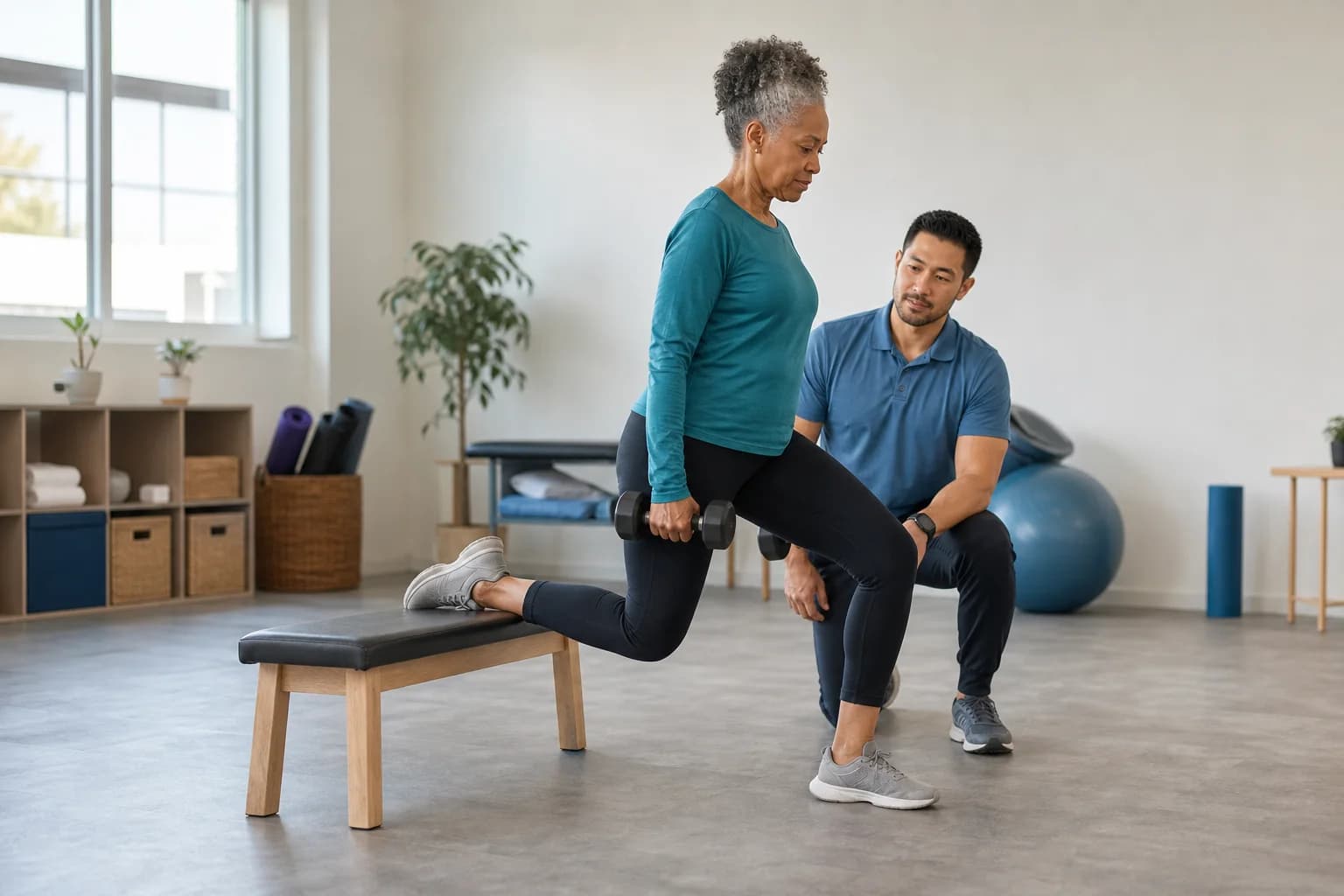 Older woman doing a split squat with a dumbbell while a trainer kneels beside her in a bright exercise studio.