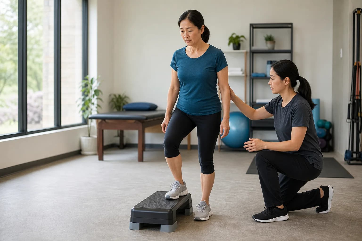 A therapist kneels beside a woman stepping down from a low platform in a bright clinic.