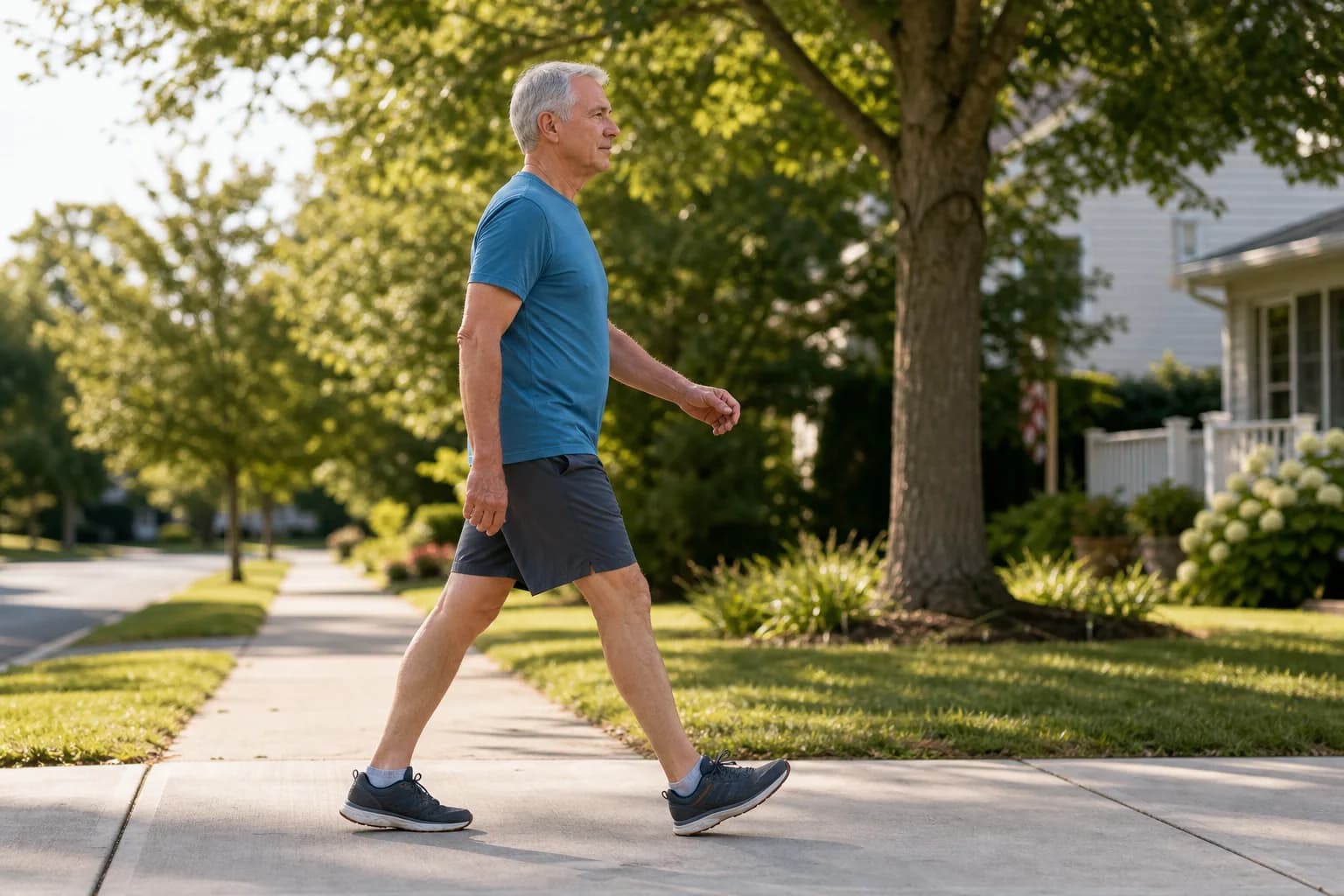A man in a blue shirt walks along a sunny suburban sidewalk past trees and houses.