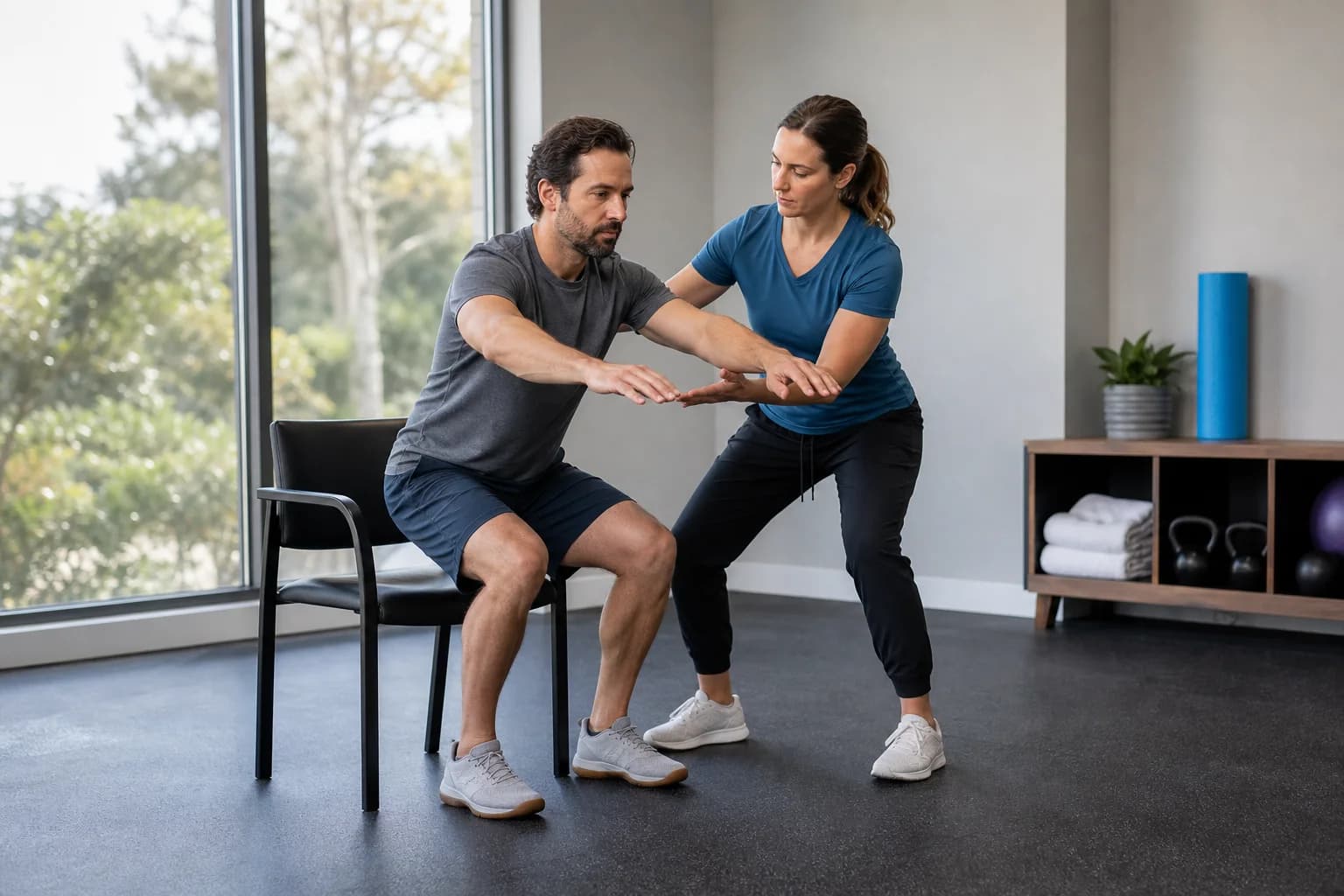 A trainer coaches a man standing up from a chair with arms extended in a gym studio.