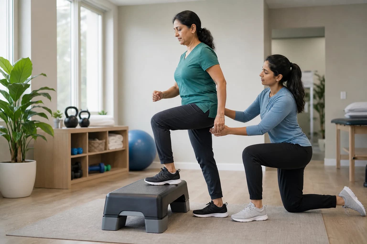 A woman steps onto a platform while a kneeling therapist supports her knee and leg in a bright exercise room.
