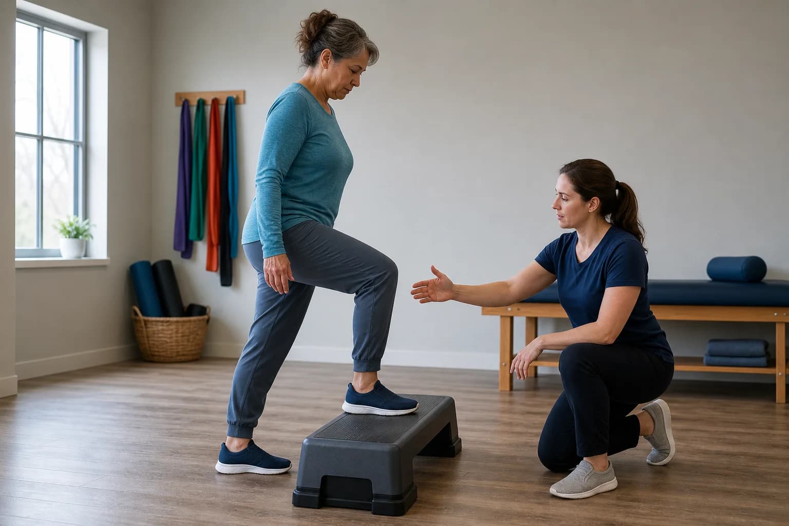 Woman performs a controlled step-up while a physical therapist observes her hip and knee alignment.