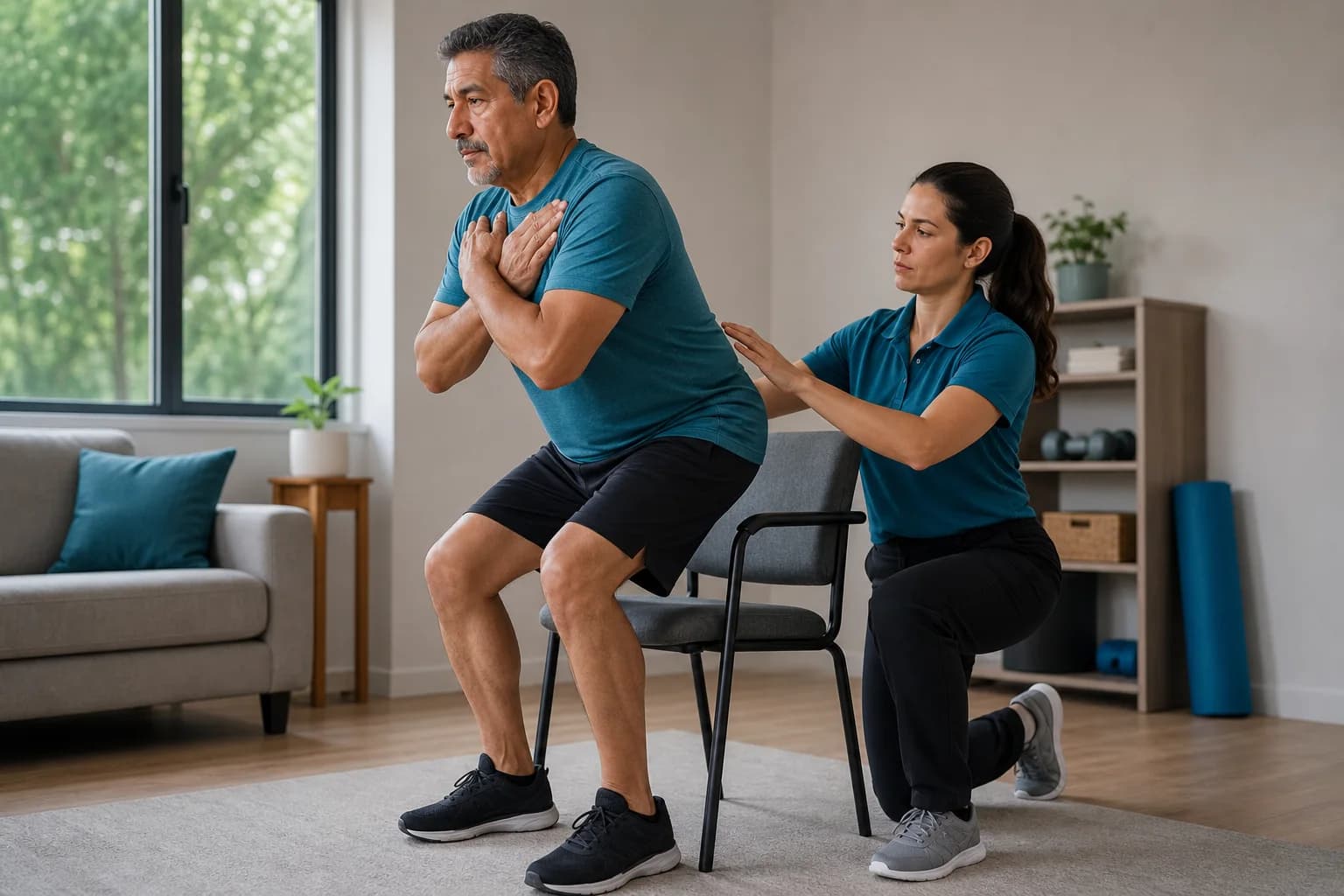 Physical therapist kneels beside a man doing a chair sit-to-stand exercise in a living room.