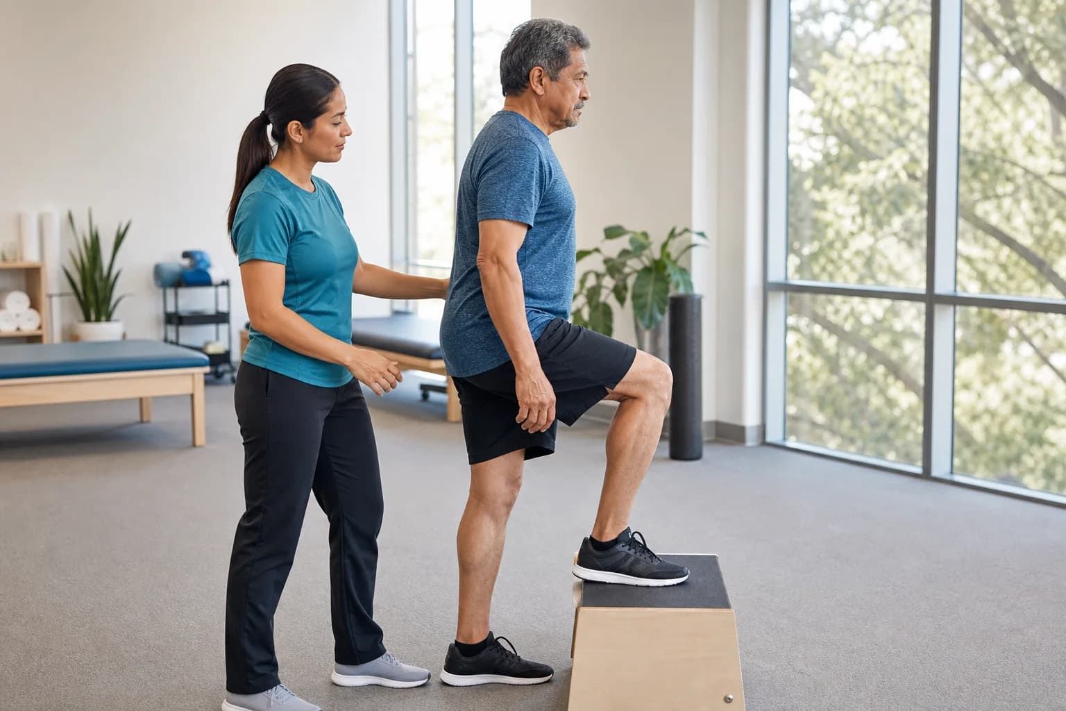 Physical therapist stands beside an adult doing a step-up exercise in a bright clinic with large windows.