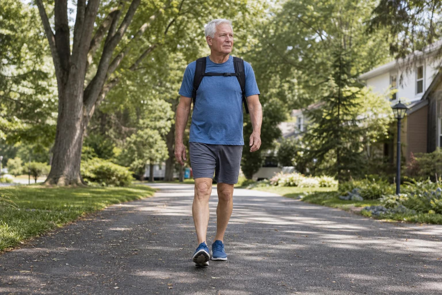 Older man wearing a fitted backpack walks along a shaded neighborhood path.