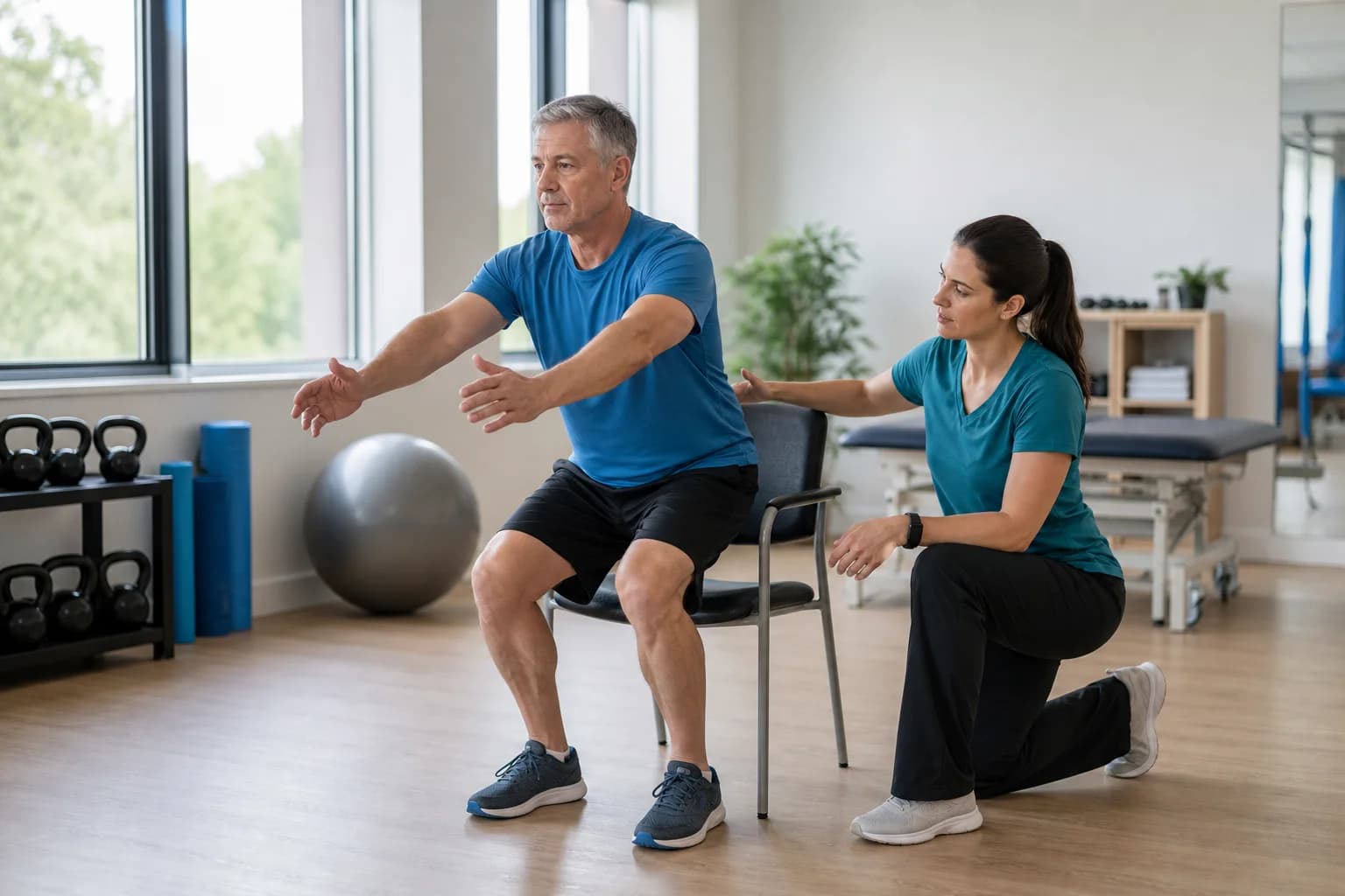 Older man performing a sit-to-stand exercise in a bright clinic while a female physical therapist kneels beside him.