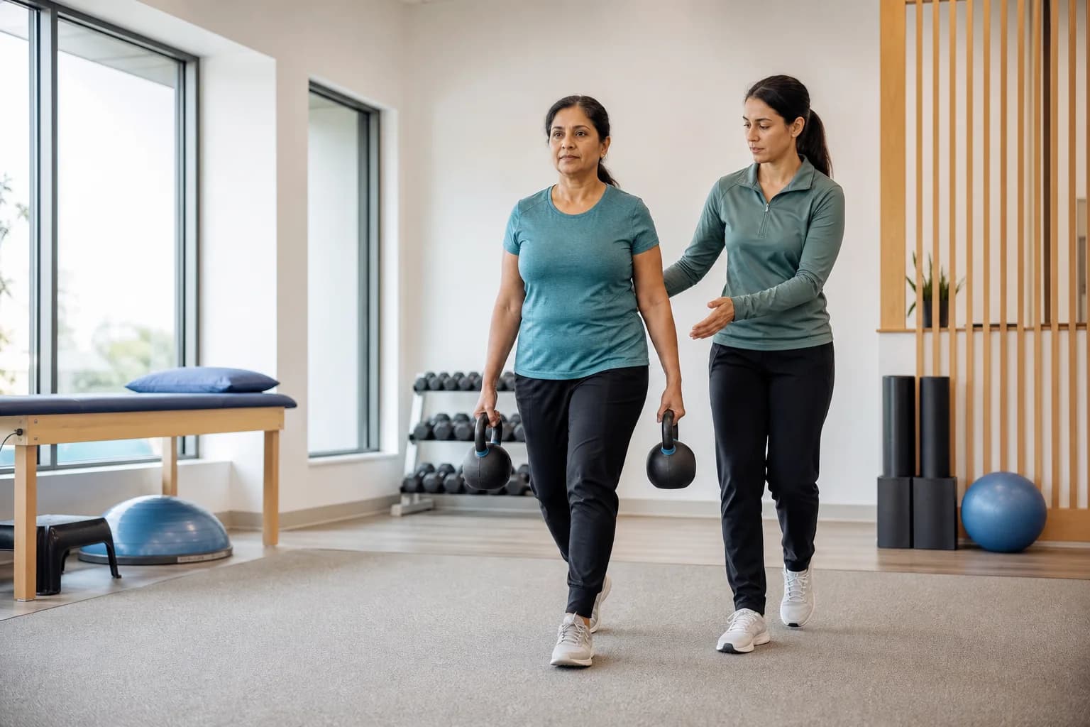 Physical therapist guiding an older woman walking with kettlebells in a bright clinic.