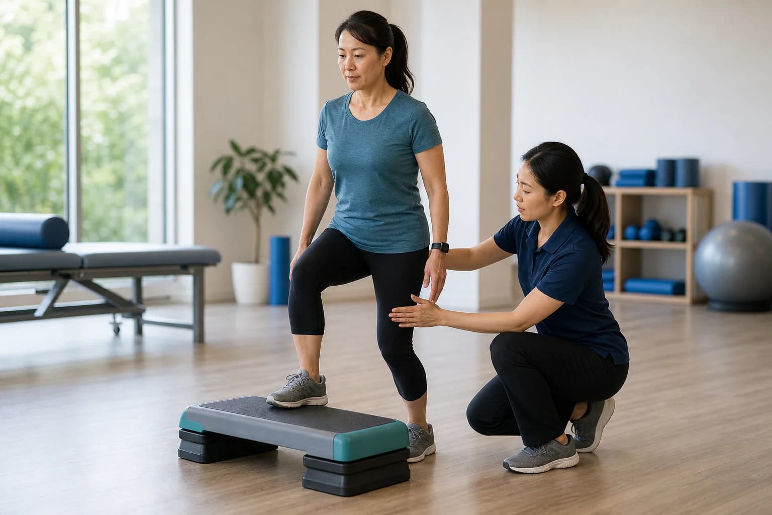 A woman steps down from a platform while a therapist kneels nearby and points to her knee alignment in a bright clinic.