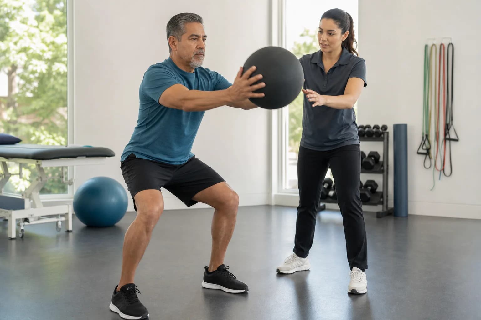 A physical therapist coaches a man holding a medicine ball in a bright clinic gym with exercise equipment nearby.