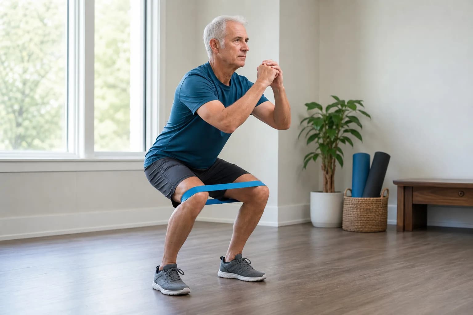 Older man doing a squat with a resistance band in a bright home room.