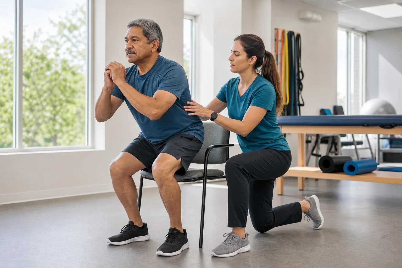 Physical therapist coaching an older man through a chair squat in a bright clinic gym.