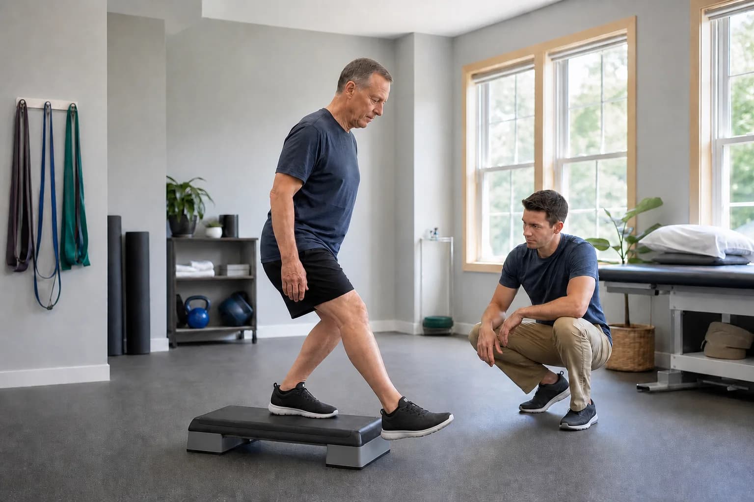 Older man performs a controlled step-down from a low platform while a physical therapist observes his leg alignment.