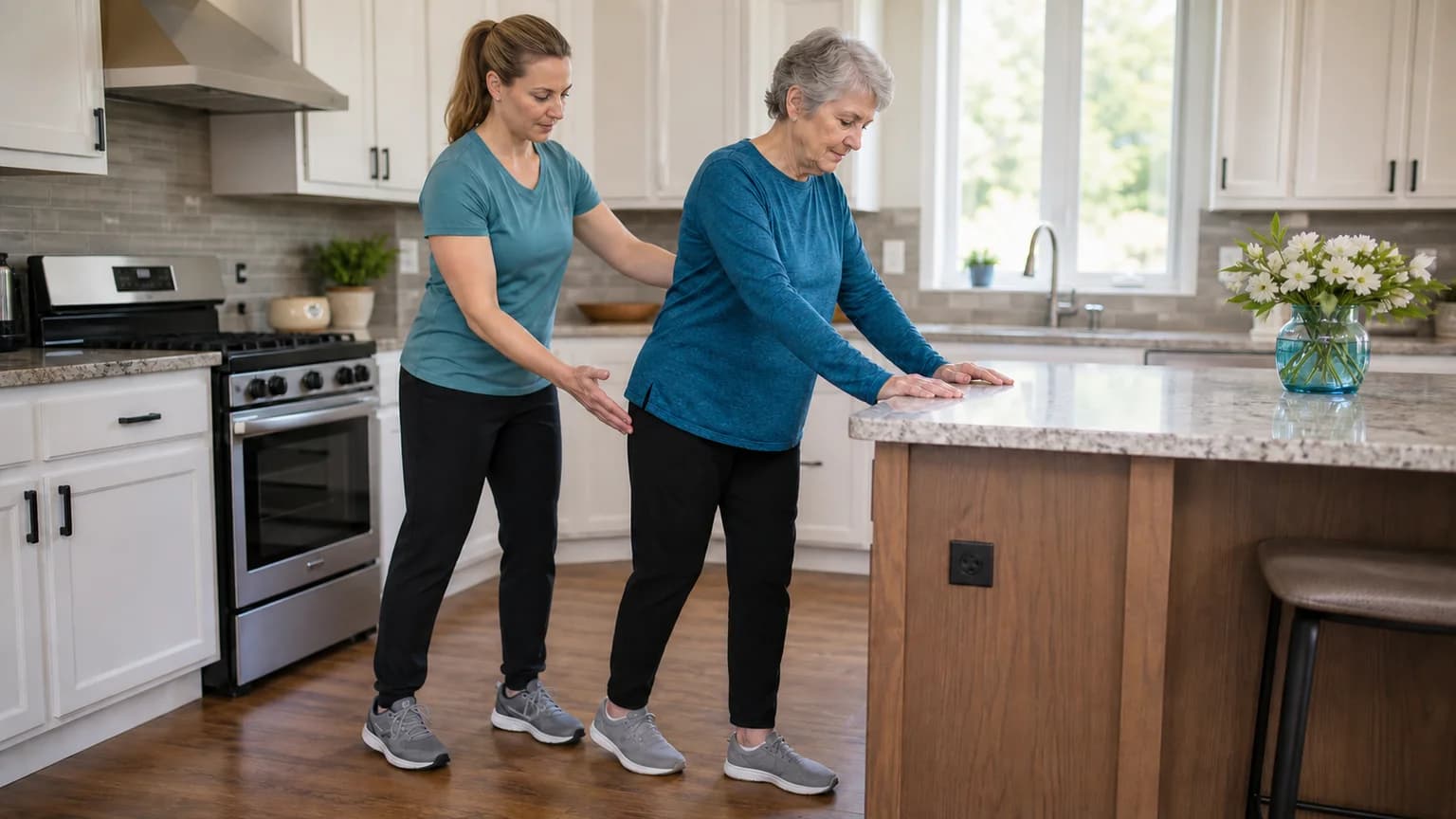 Older woman practices a supported modified tandem stance at a kitchen island while a physical therapist guards nearby.